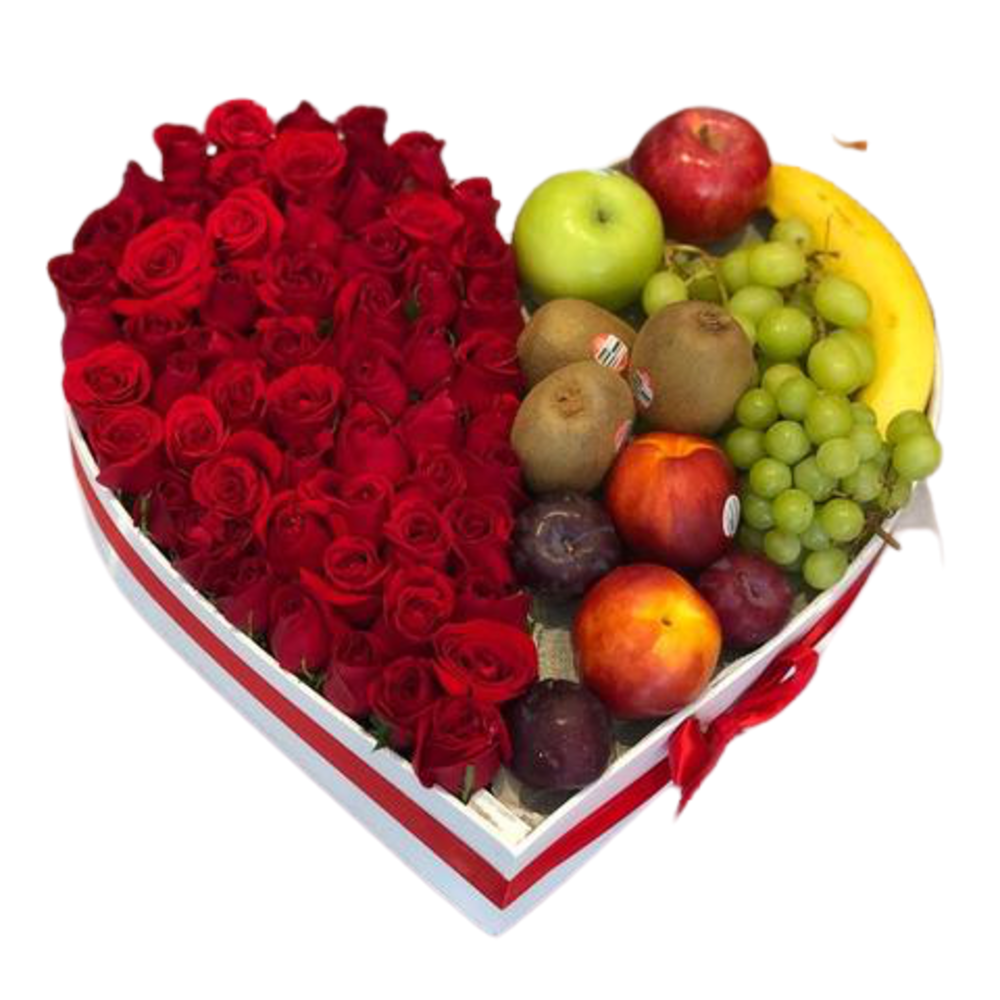 Caja de corazón con Rosas y Frutas — Arreglos A Domicilio — $43.990